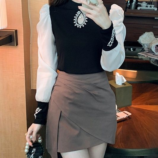 Áo Sweater Dệt Kim Tay Phồng Dài Cổ Lọ Đính Hạt Rỗng Kiểu Hàn Quốc Dễ Thương