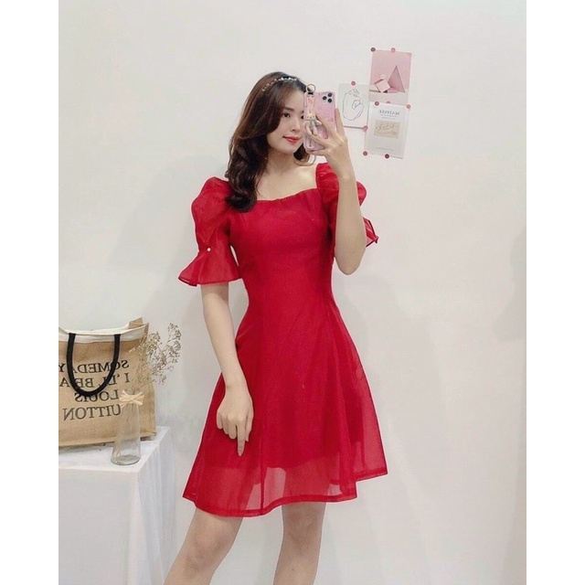 Đầm tay xếp ly đính hạt trai bằng tay tỉ mỉ, Mẫu thật shop chụp