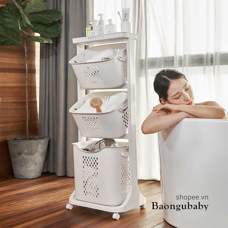 |Baongubaby| Kệ 3 tầng có bánh xe đa năng bằng nhựa plastic cao cấp đựng đồ cho bé, đồ nhà tắm, đồ máy giặt