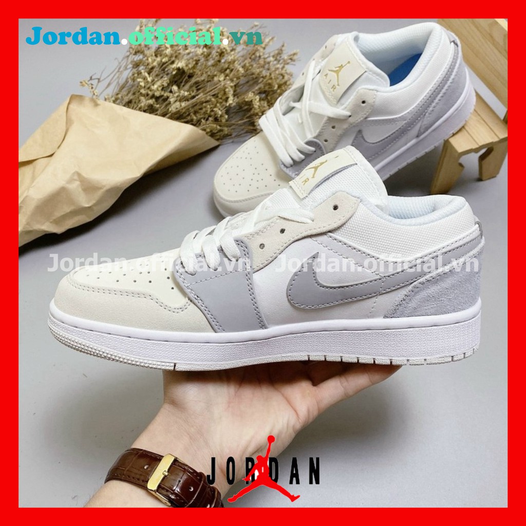 Giày Thể Thao Nam Nữ Jordan JD1 Low Paris Trắng Xám Cổ Thấp Gót Xanh Thời Trang Full Box Bill