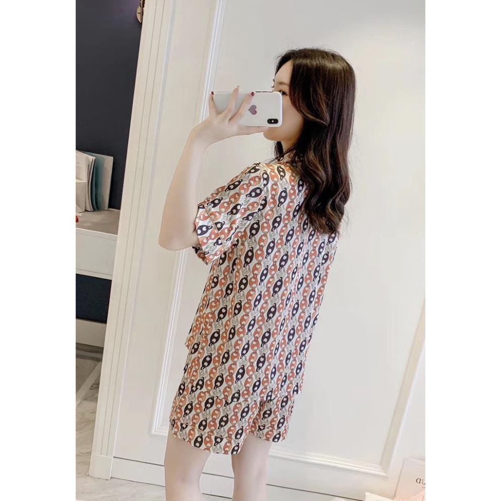 Bộ ngủ lụa Pizama hoạ tiết Vơ sạc kèm turban hàng cao cấp