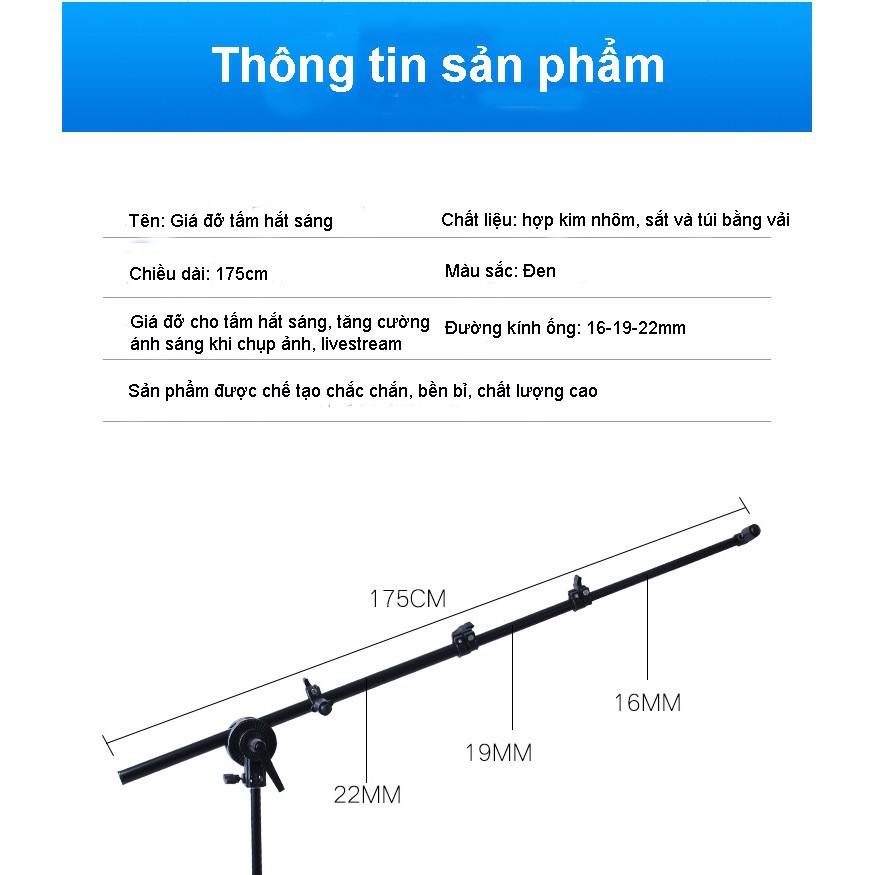 Tay treo ngang tấm hắt sáng cho studio chụp ảnh, bộ gồm chân cao 2m và tay treo 175cm