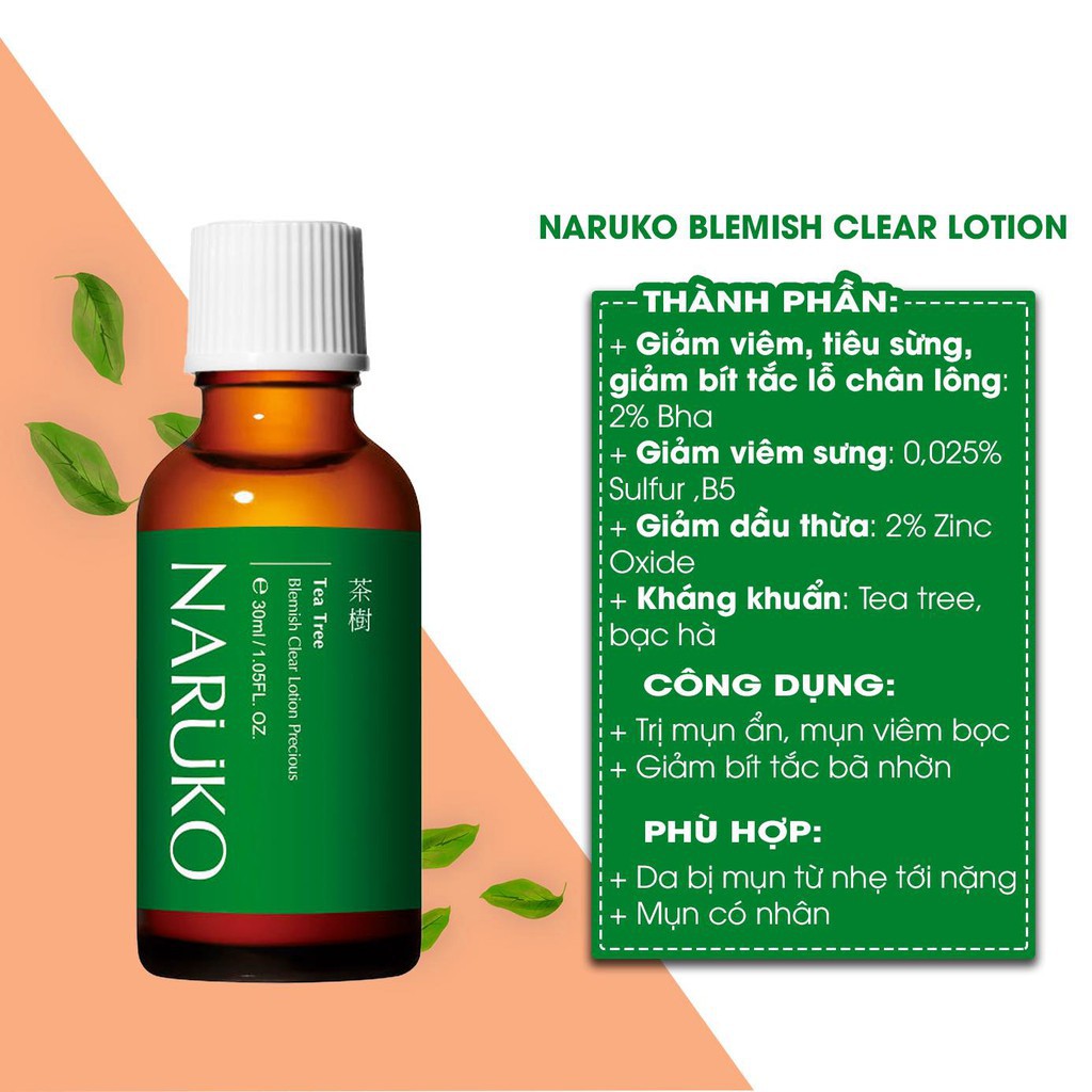 NARUKO - Lotion Tràm Trà Đậm Đặc Giảm Mụn Mảng, Mụn Đầu Đen 30ml – Tea Tree Blemish Clear Lotion Precious 30ml