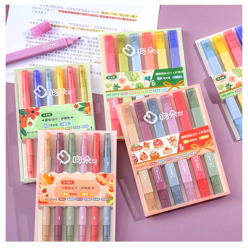 Set 6 Bút Đánh Dấu Hai Đầu Màu Dạ Quang