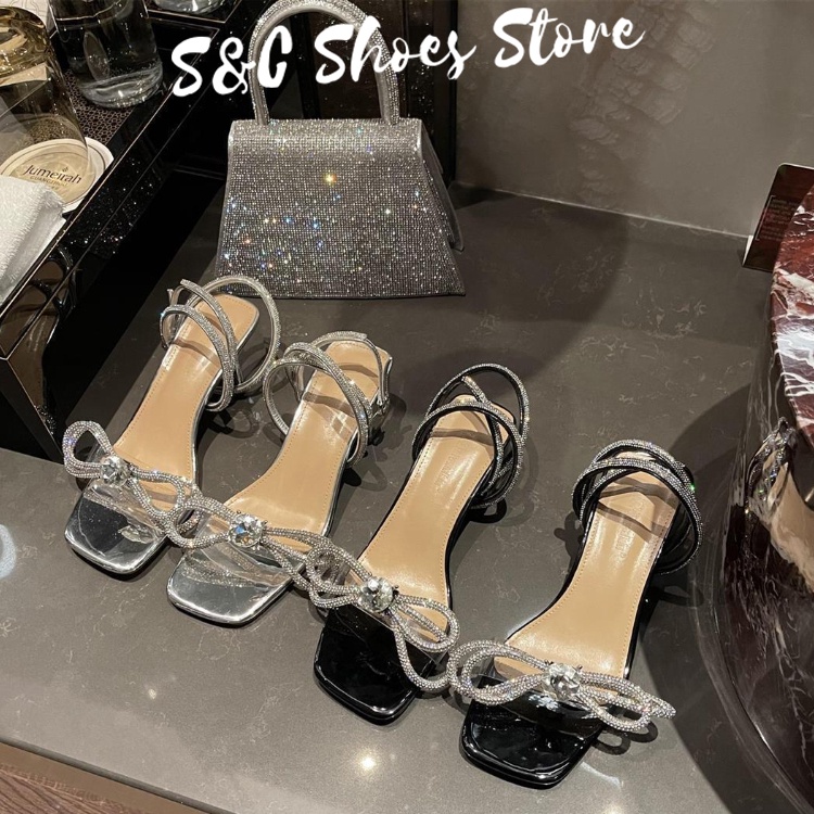 Xăng đan Cao Gót Mũi Vuông Đính Đá Và Nơ Thời Trang 2022/5CM Chất Lượng Cao Cho Nữ
