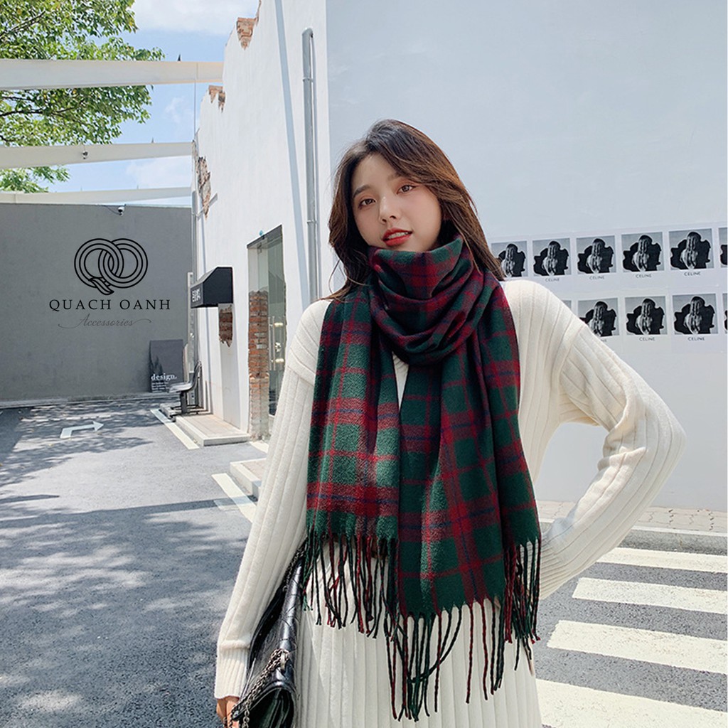 Khăn choàng cashmere kẻ sọc tua rua phong cách Hàn Quốc - KH09