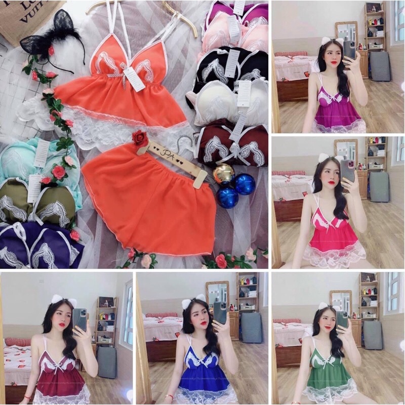 Đồ ngủ sexy nữ - Bộ ngủ hai dây có mút ngực chất voan phối ren siêu gợi cảm free size
