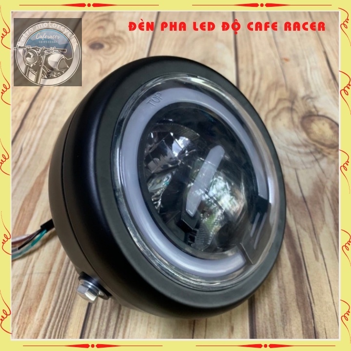 Đèn pha led cao cấp , đèn led pha độ xe máy CAFE RACER gáo sắt sơn đen mặt kính trong suốt