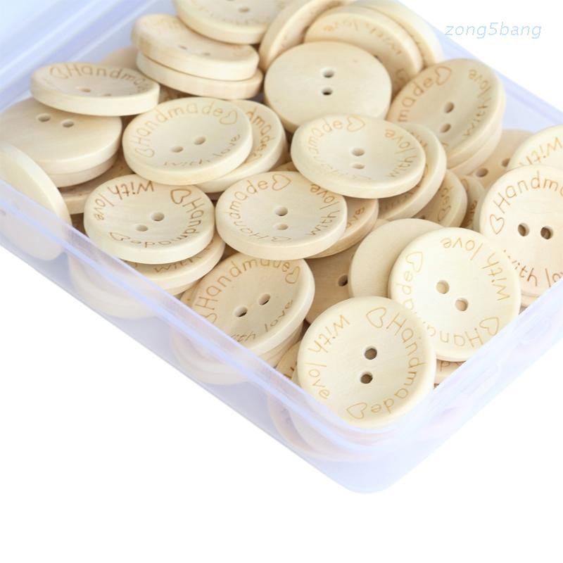zong  65Pcs 1inch Wooden Button, 25mm 2 Holes"Handmade with Love" Round Wood Buttons with Storage Box for Sewing and Crafting