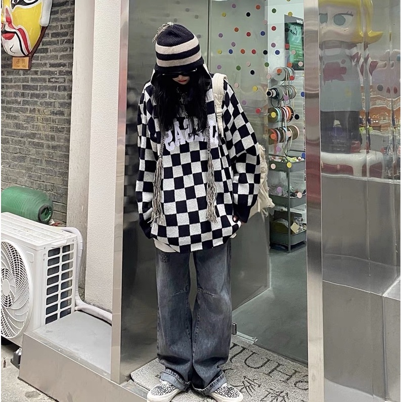 Áo len hoạ tiết bàn cờ hot tiktok douyin ulzzang