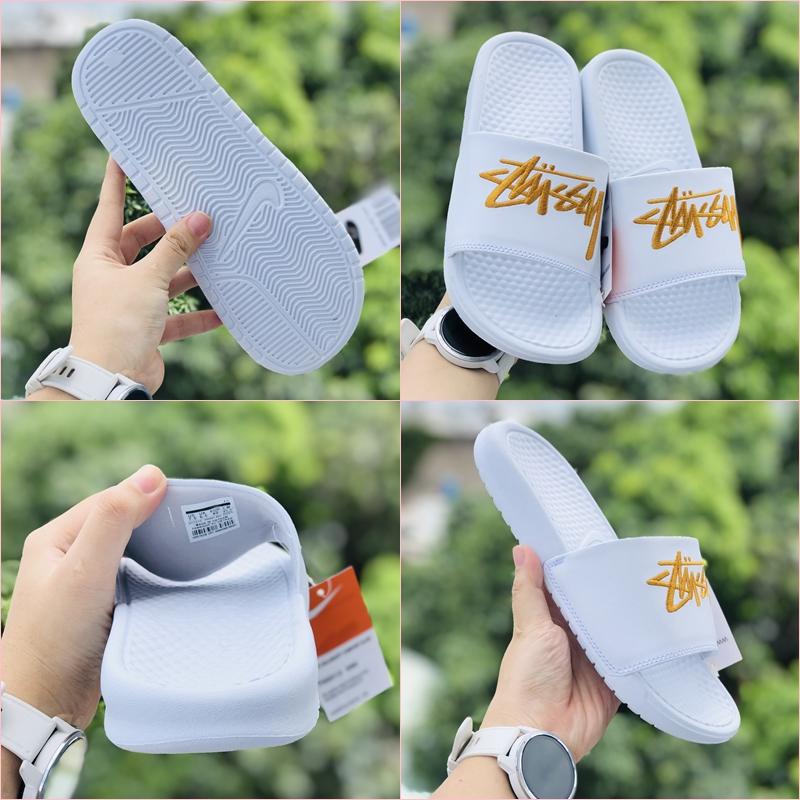 Dép NK STUSSY BENASSI  Freeship + FullBox + Nữ Lùi 1 Size♥️ Dép quai ngang nam nữ thể thao, chữ thêu, đế bám tốt