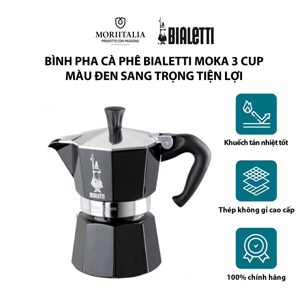 [Mã BMBAU300 giảm 7% đơn 499K] Bình pha cà phê Bialetti Moka 3 cup màu đen sang trọng tiện lợi Moriitalia 0004952