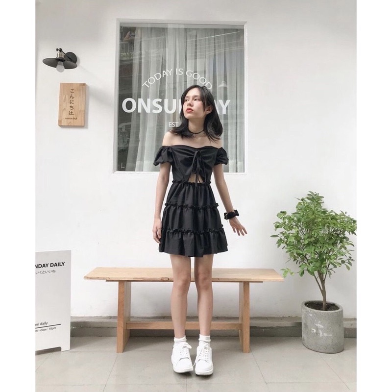 Váy rút dây khoét eo dáng xoè 2 màu Đen Trắng Đầm Dự Tiệc Cổ VBa tầng dài tay tiểu thư 2 lớp vintage Ullzang