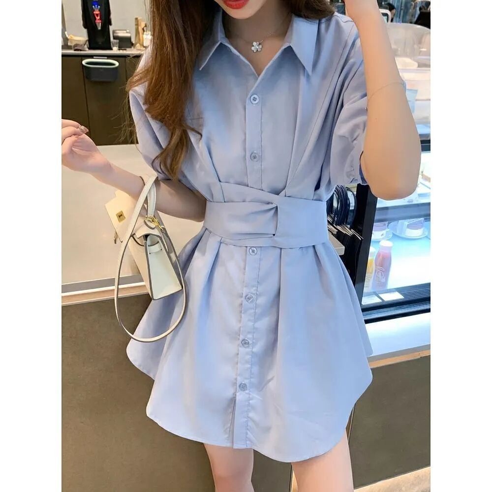 Set Áo Sơ Mi Ngắn Tay + Chân Váy Chữ A Cột Dây Màu Xanh Dương Cài Nút Thời Trang Mùa Hè 2022 Mới