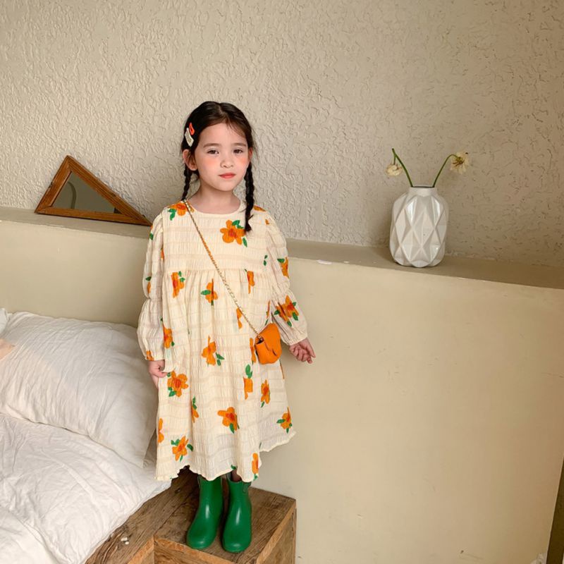 Đầm Maxi Xếp Ly Tay Phồng In Họa Tiết Hoa Nhí Xinh Xắn Thời Trang Cho Bé Gái