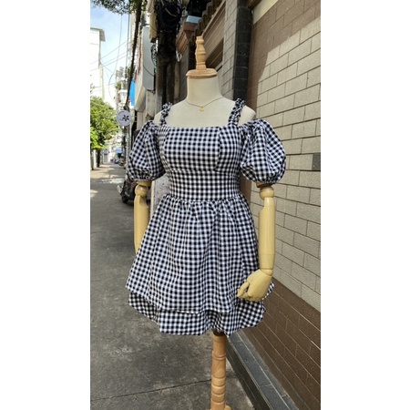 Váy nari bí xèo phồng nữ BIGSIZE_GIARE đầm bí trễ vai bigsize hoạ tiết caro xinh xắn thiết kế trẻ trung