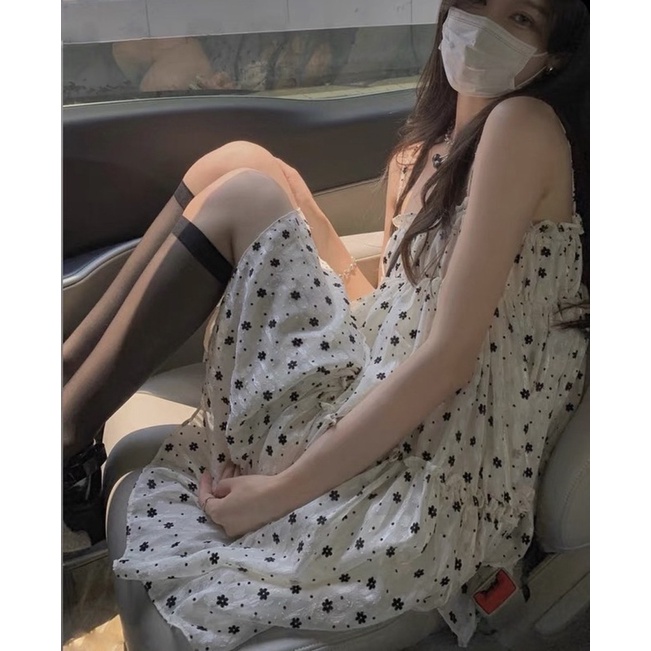 Đầm 2 Dây Hoa Nhí Đen Ngực Bèo Nữ 🌸 Váy Nữ Dáng Ngắn Chất Voan 🌸
