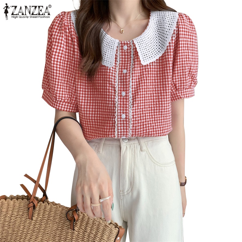 ZANZEA Women Sweet Plaid Doll Collar Stitching Lace Puff Short Sleeve Top