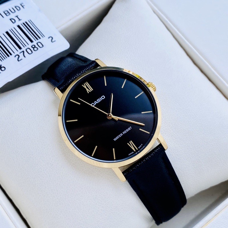 Đồng hồ Nữ Casio LTP-VT01GL-1B, đồng hồ chính hãng, dây da đen mặt đen, viền vàng
