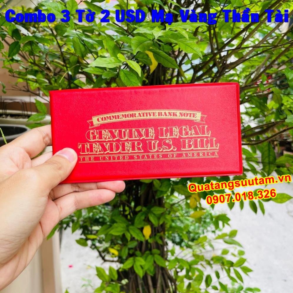 [RƯỚC LỘC] (3 Combo) Tờ 2 USD Mỹ Hình Thần Tài Vàng may mắn + bao da đỏ, Quà Tết 2022