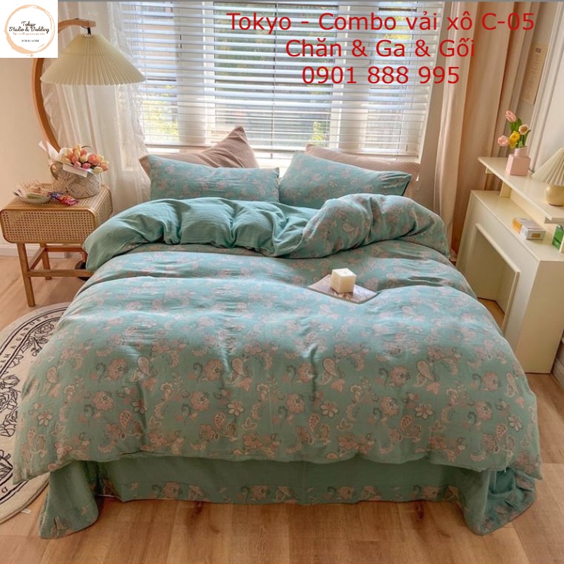 BST Thu Đông _ Vỏ Chăn Ga Gối vải Xô Organic cotton dòng cao cấp hoạ tiết hoa xanh