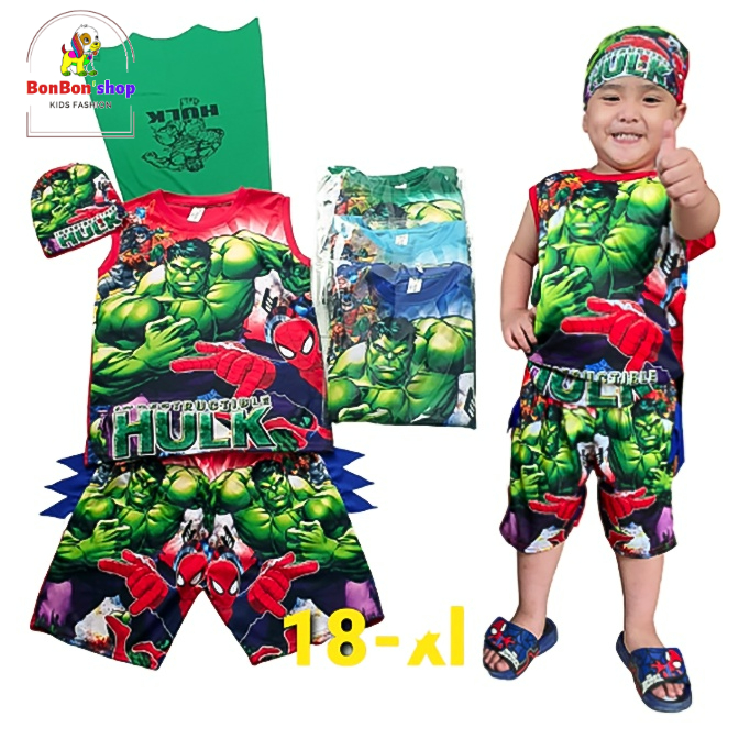 (SN29) # Bô quần áo bé trai in hình Người khổng lồ xanh có tà kèm mặt nạ, tà bay cho ba trai từ 17kg-33kg