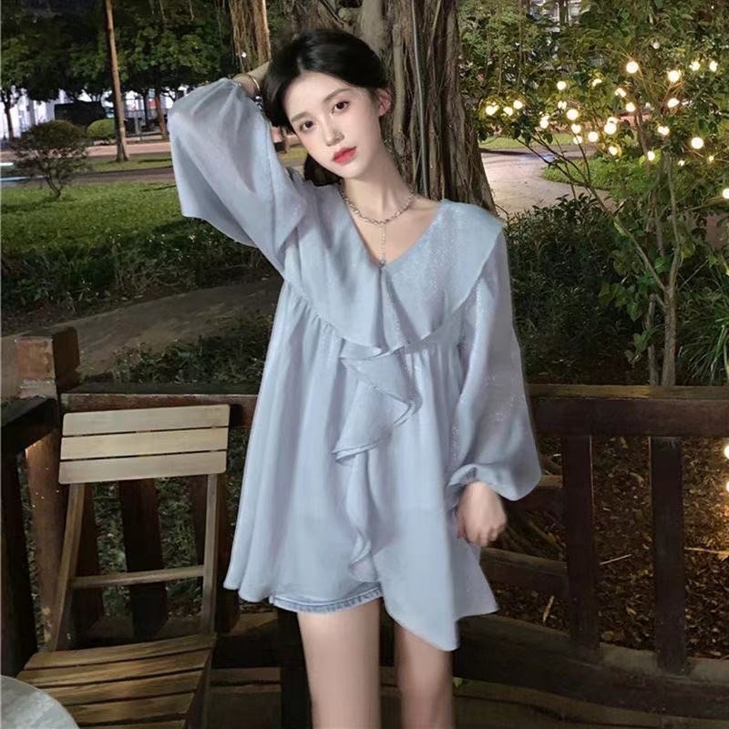 Áo Sơ Mi Chiffon Tay Dài Phối Bèo Kèm Áo Trong