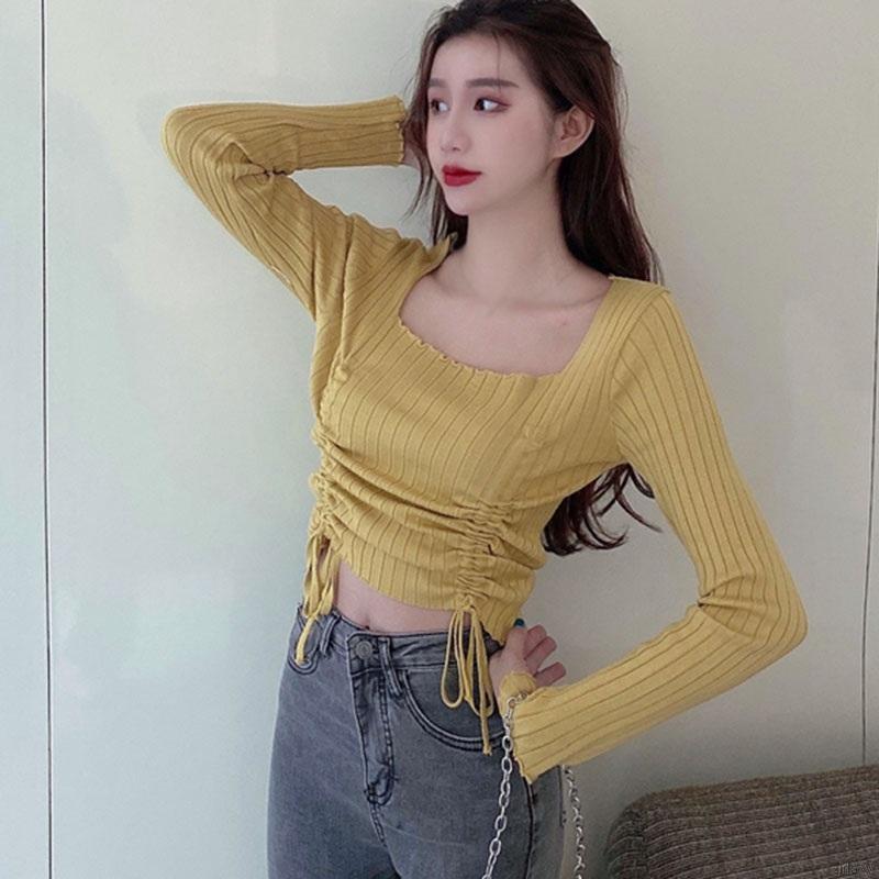 Korean Fashion Square Collar Solid Color Folds Long Sleeve Knitted Pullover T-Shirt