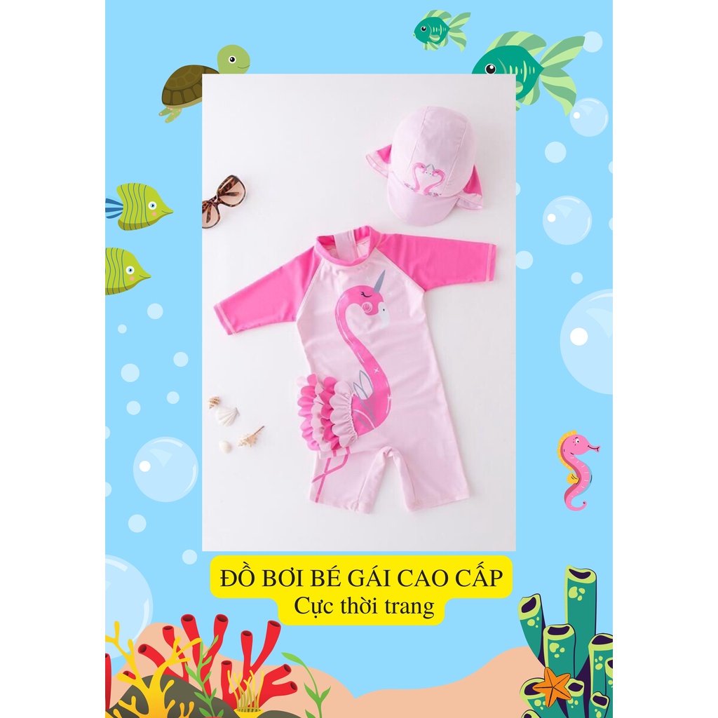 Đồ bơi bé gái cao cấp hình thiên nga hồng dài tay liền thân kèm mũ cho bé 2-7 tuổi