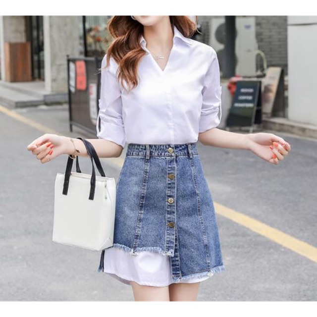 Set đồ nữ cao cấp thiết kế rời 2 mảnh gồm áo sơ mi dáng dài + Chân váy Jean phong cách NV0133