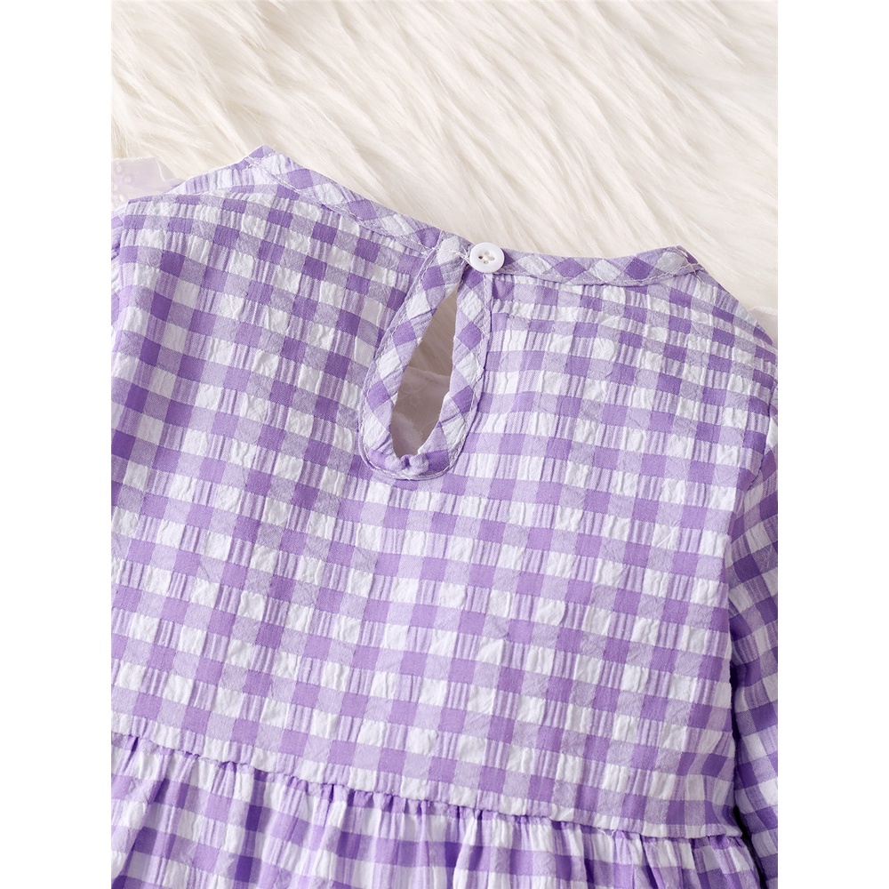 Đầm MIKRDOO tay dài phối cổ ren họa tiết kẻ sọc caro phong cách Pháp đáng yêu cho bé gái