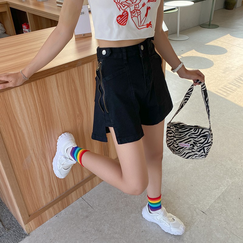 LEEVA - Quần short jeans nữ phối khóa kéo hông cá tính S021