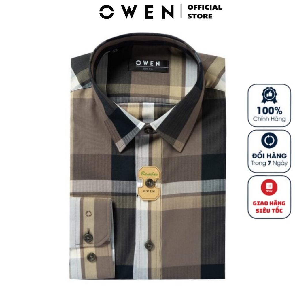 Áo Sơ Mi Nam Dài Tay OWEN AS221071D Somi Công Sở Vải Sợi Tre Cao Cấp Kẻ Caro Nâu Ghi Dáng Slim Fit Tà Lượn Không Túi