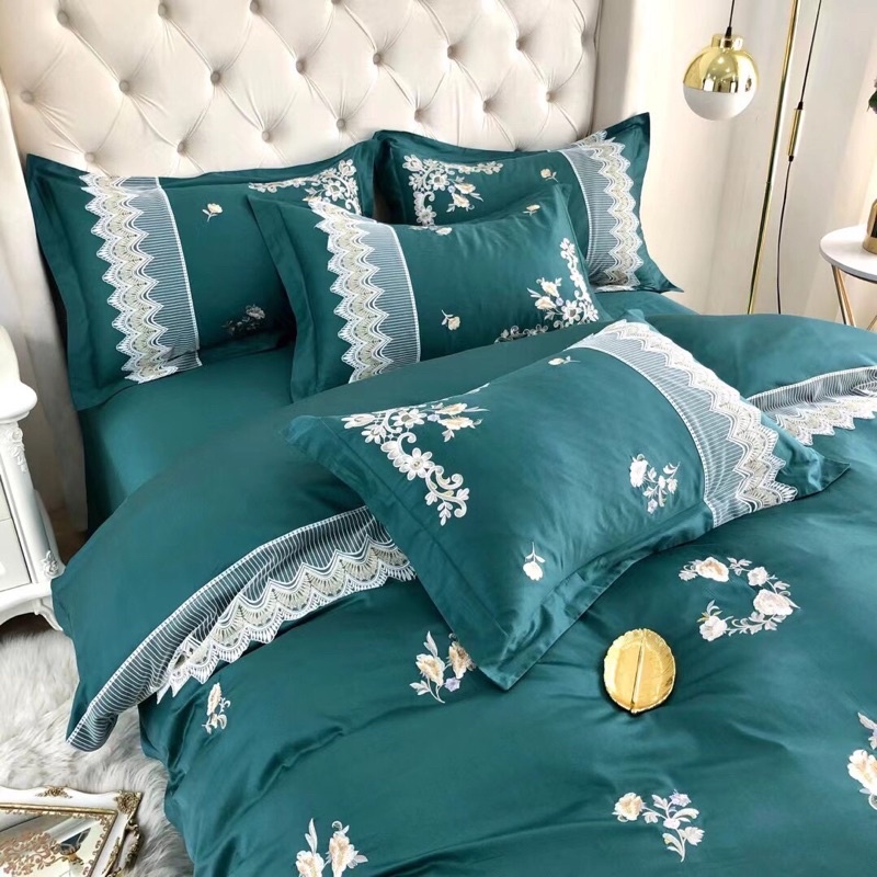 Bộ 4 món vỏ chăn ga gối Lụa Satin cao cấp xanh phối ren
