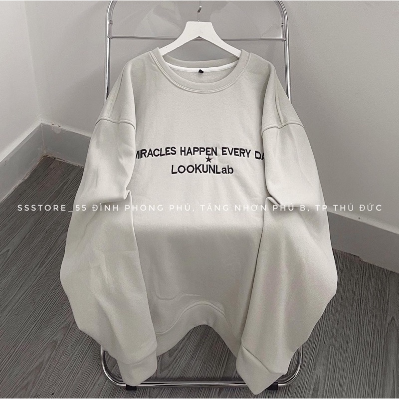 Áo Sweater nỉ thêu chữ LOOK màu xám unisex ảnh thật SSSTore ( nam nữ mặc đều được)