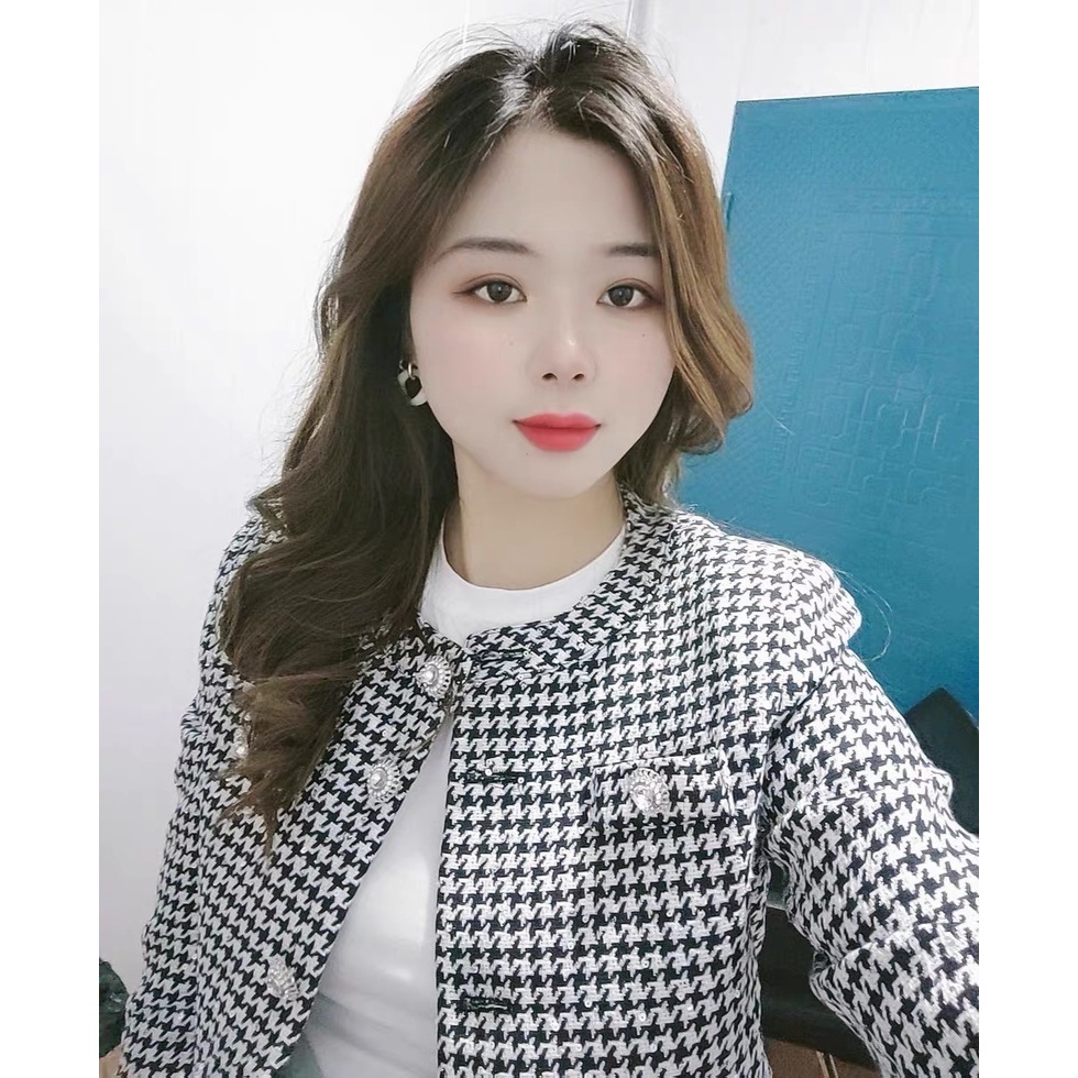 Áo khoác tweed ngắn họa tiết houndstooth nút đá cổ điển, thanh lịch