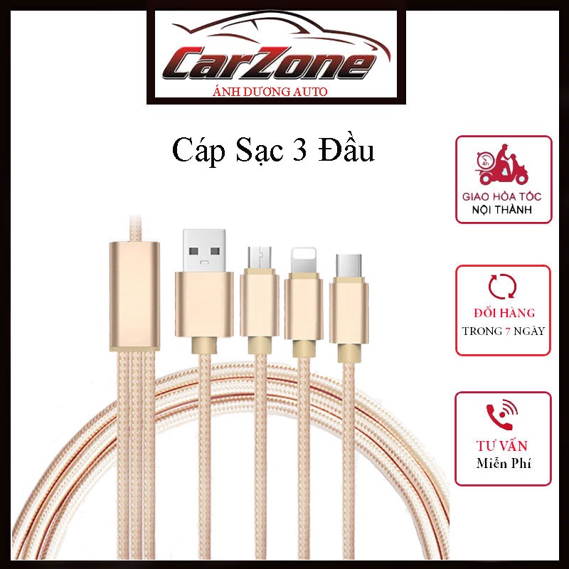 Cáp Sạc Rút 3 Đầu Siêu Bền - Dây Rút Gọn Gàng Tiện Lợi - Cổng sạc Nhanh Không Hại Cho Máy