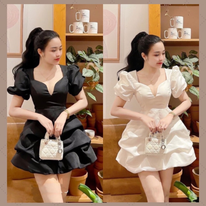 Váy Thiết Kế Tafta Cổ V Nhún Bồng