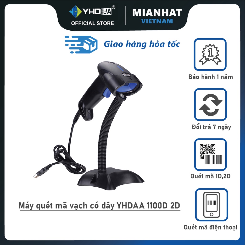 Máy bắn mã vạch YHD 1100D 2D có dây, Đầu đọc cảm ứng mã vạch 1D, 2D dùng cho Cửa hàng, Siêu thị..v.V Không Đế