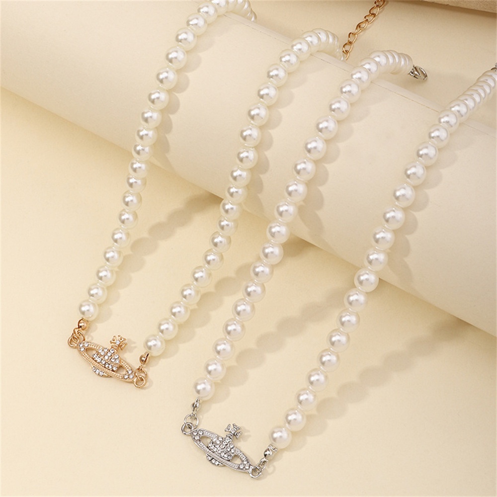 Rhinestone Saturn Planet Pendant Necklace White Imitation Pearl Chain Choker for Women Fashion Clavicle Chain Jewelry Gifts