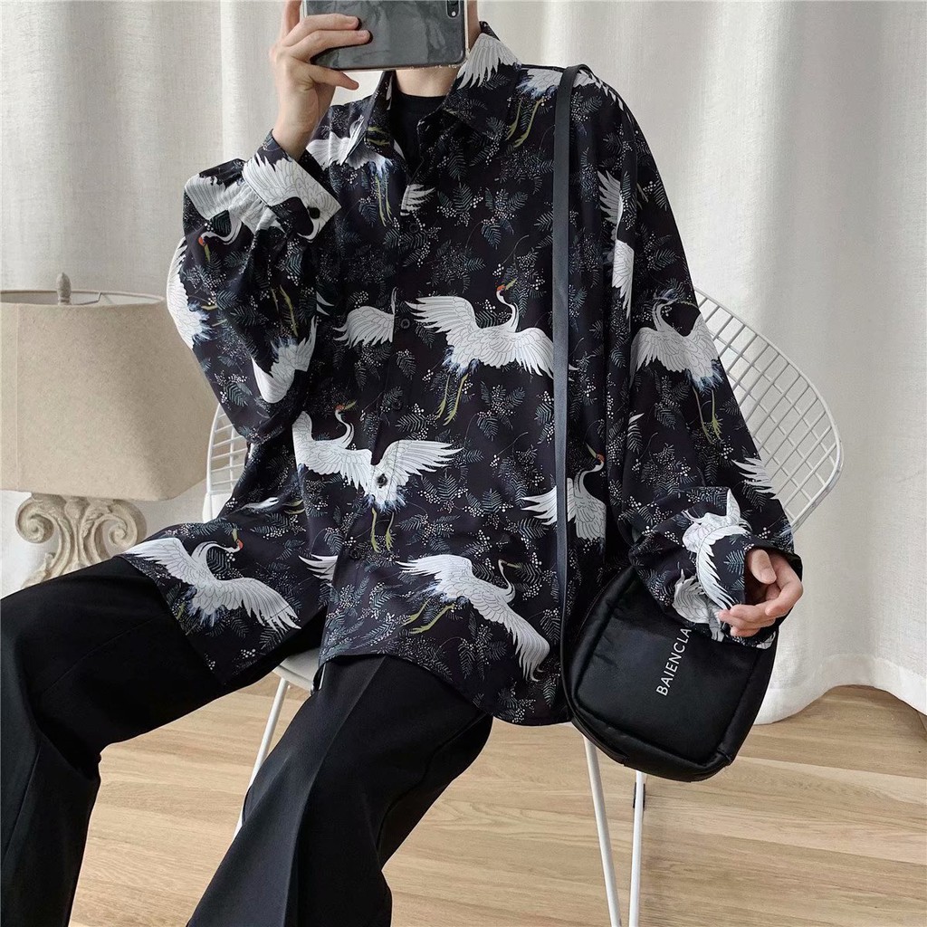 Áo sơ mi tay dài họa tiết chim sếu thời trang phong cách dành cho nam | BigBuy360 - bigbuy360.vn