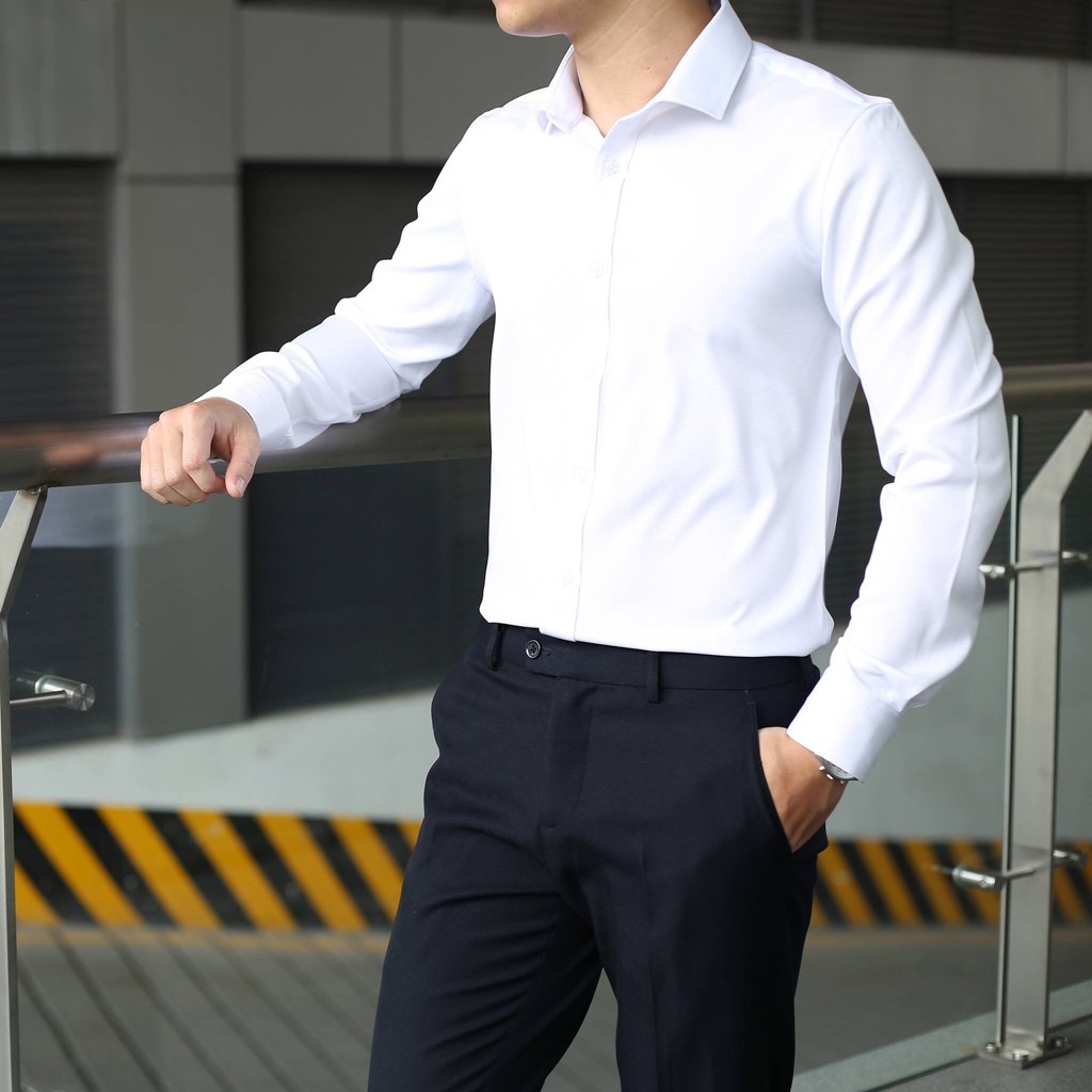 Áo sơ mi nam Vải Lụa Thái Trắng chống nhăn -Dáng ôm Body Hàn quốc