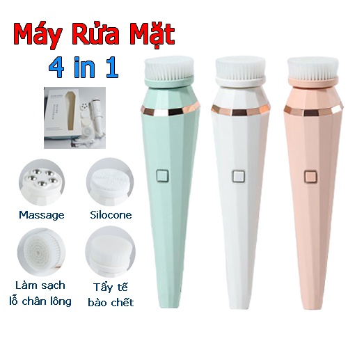 Máy rửa mặt cầm tay đa năng Facial Spa máy chăm sóc da mặt massage mặt và tẩy trang với 4 đầu cọ