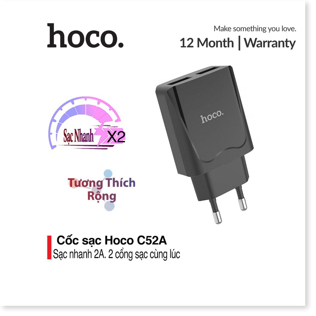 Cốc sạc nhanh 2 cổng sạc Hoco C52/C52A sạc nhanh 2.1A, chân sạc chuẩn USA, chất liệu PC siêu bền, chống cháy nổ  - Smart