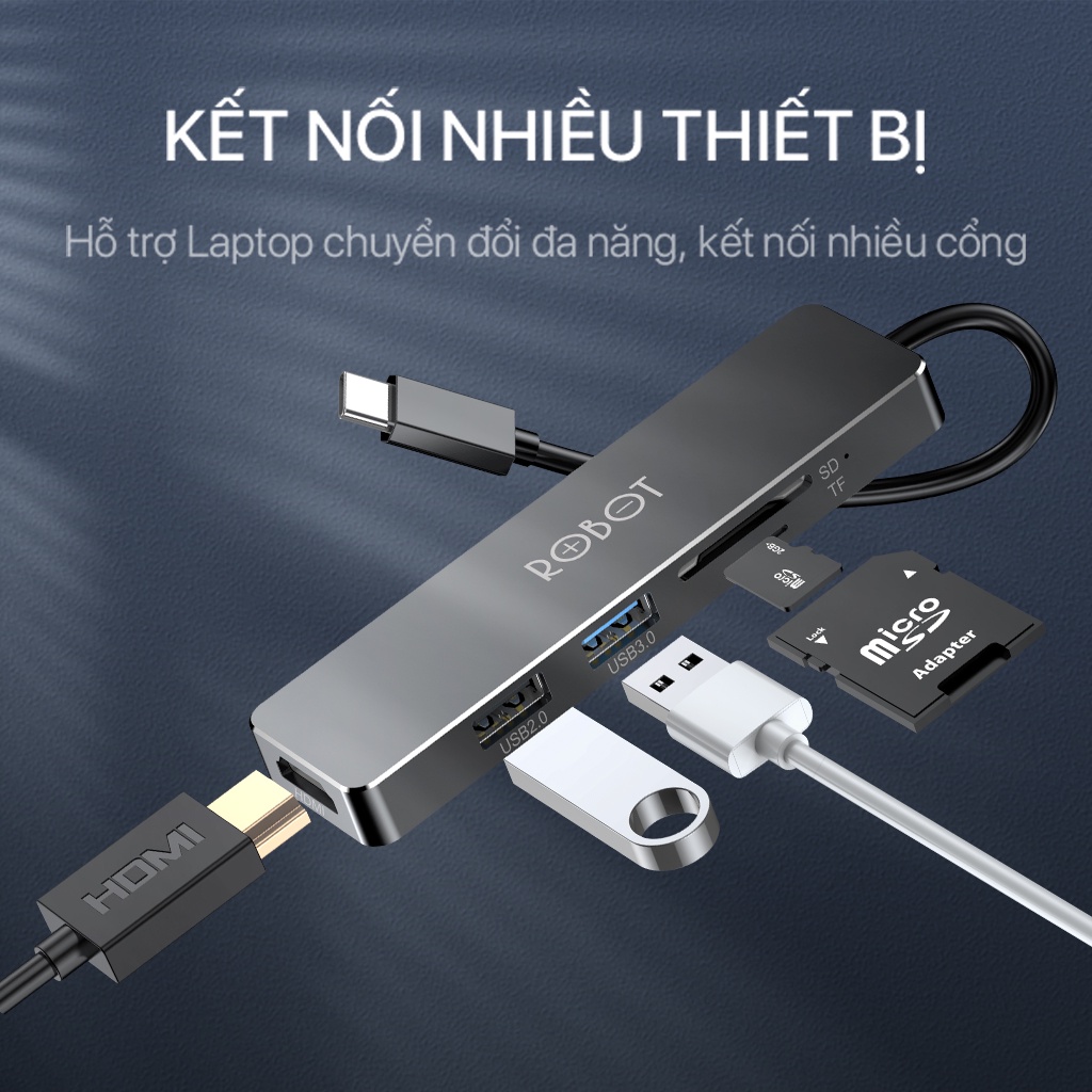 HUB USB-C Chuyển Đổi Đa Năng 5 In 1 ROBOT HT240S Type-C To USB 3.0/HDMI/PD/SD/TF
