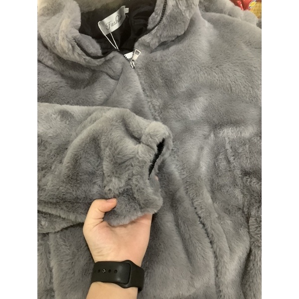 Áo khoác lông thỏ form dài rộng siêu siêu mềm mịn siêu siêu ấm áp màu xám lông chuột phong cách Korea's Style