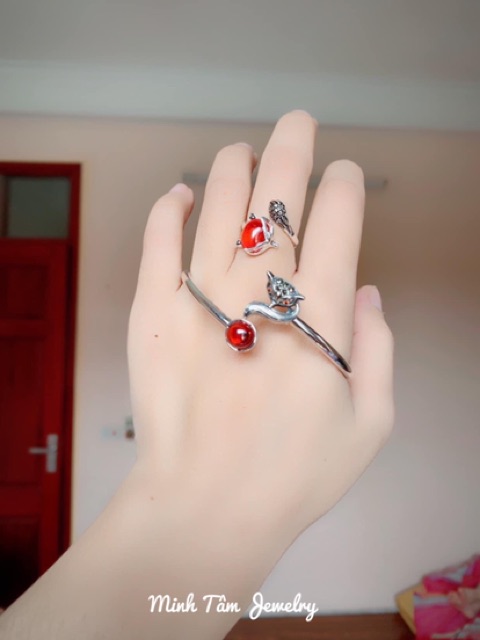 Nhẫn hồ ly bạc phong thuỷ đá màu đỏ-Minh Tâm Jewelry