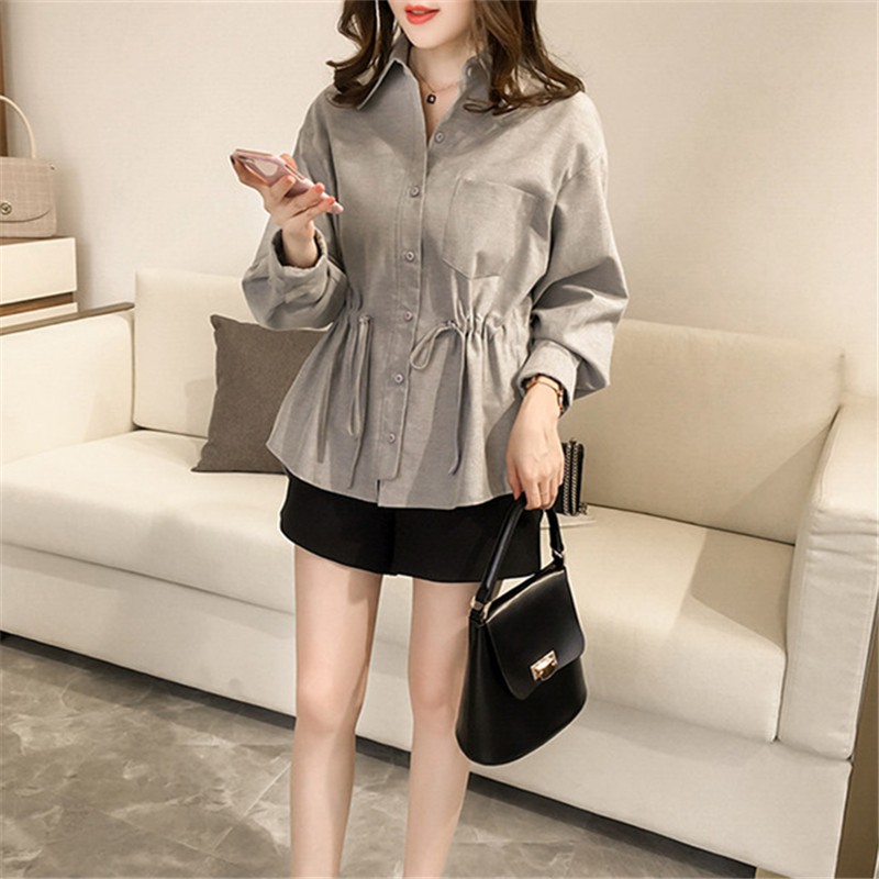 Áo sơ mi tay dài màu trơn phong cách Hàn Quốc xinh xắn dành cho nữ
