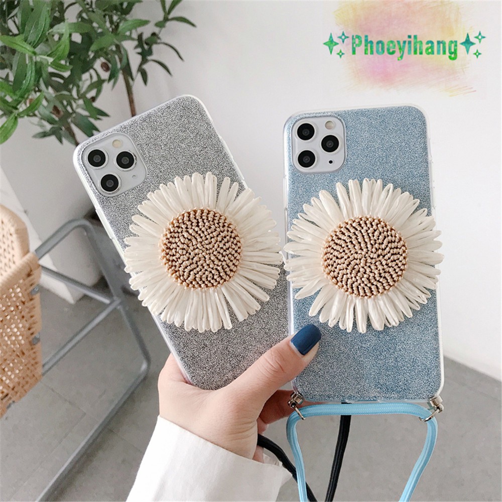 Huawei Y6p Mate 30 20 Pro Mate 10 Y7 Prime 2017 Y9 2018 Honor Play Honor 8X Y5 Y6 II Straw hat sunflower lanyard Glitter Phone Case