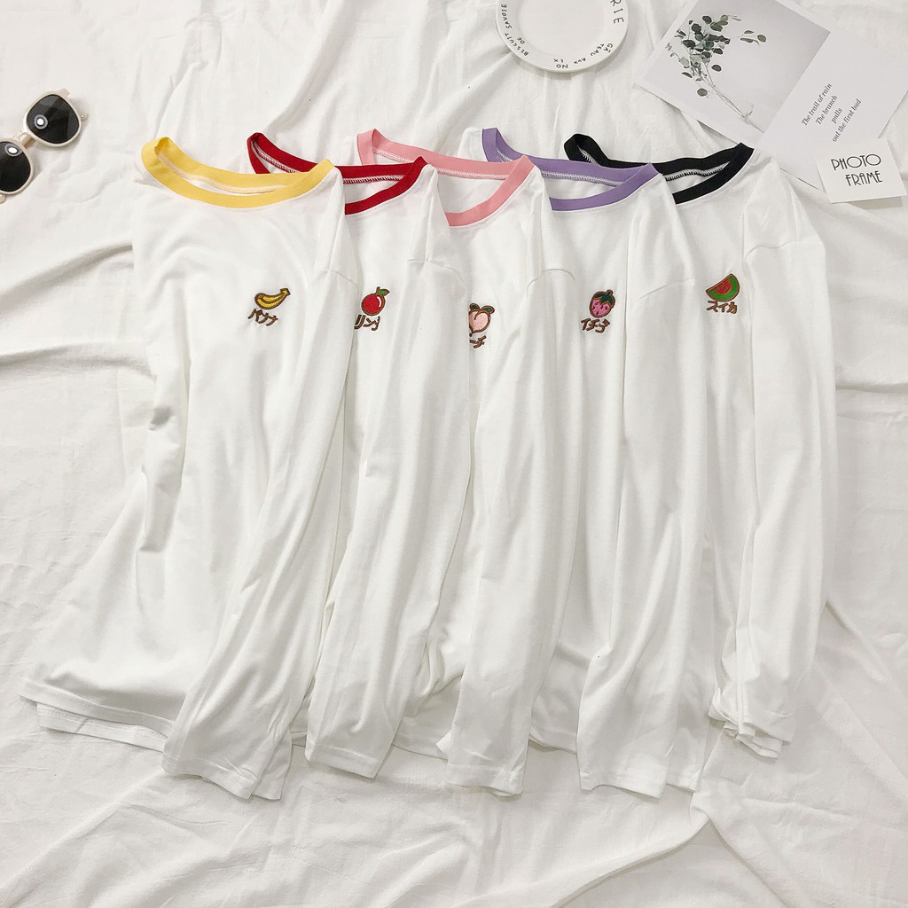 Áo thun SUXI cổ tròn dáng rộng thêu hình trái cây xinh xắn cho nữ